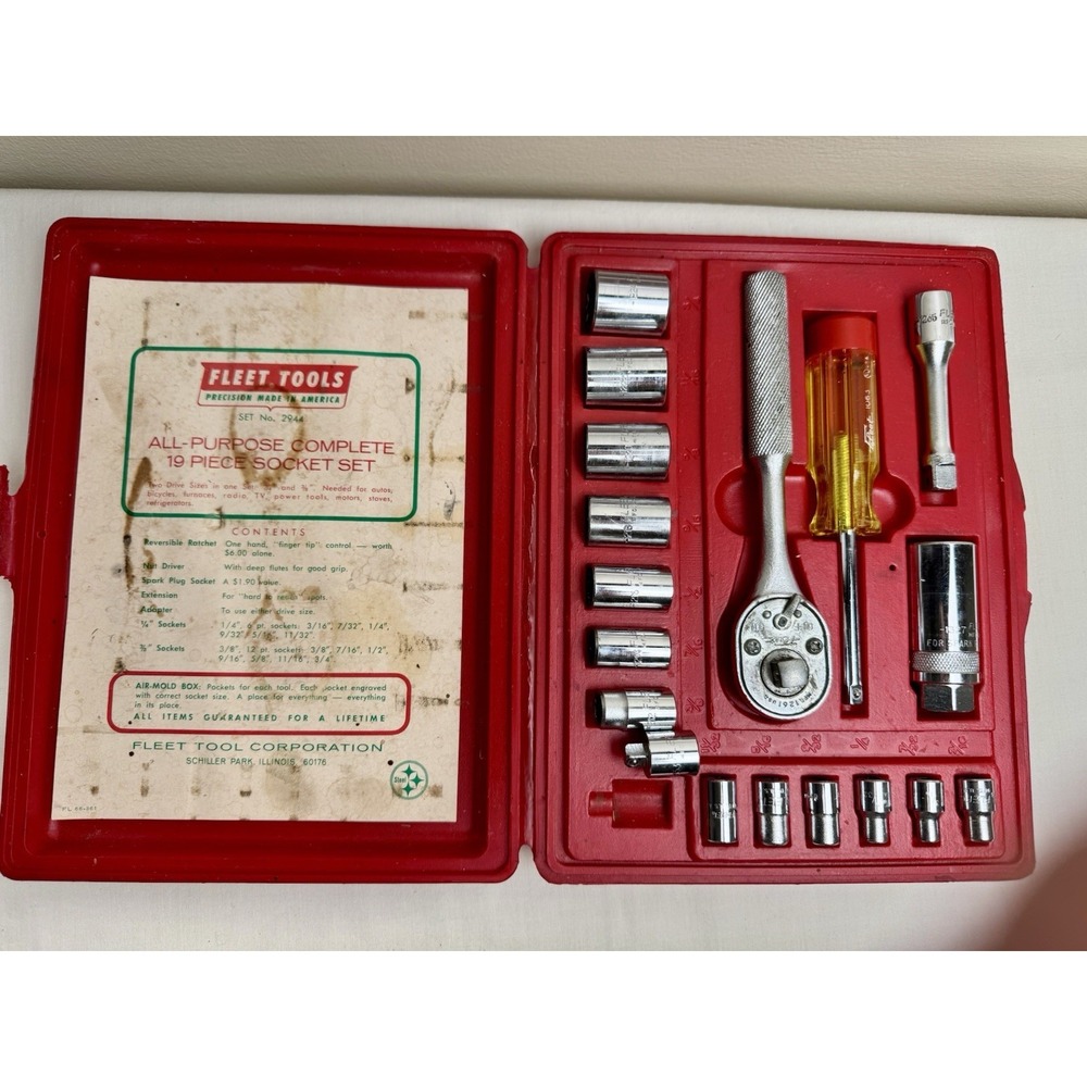 Vintage Fleet Tools Set Complete 19 Piece 2944 Case USA Steel Retro Mechanic